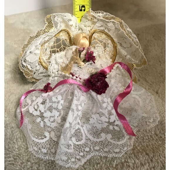 Vintage Lace Angel Tree Topper With Gold Accents & Pink Ribbon 5 Inches Tall - Picture 5 of 8